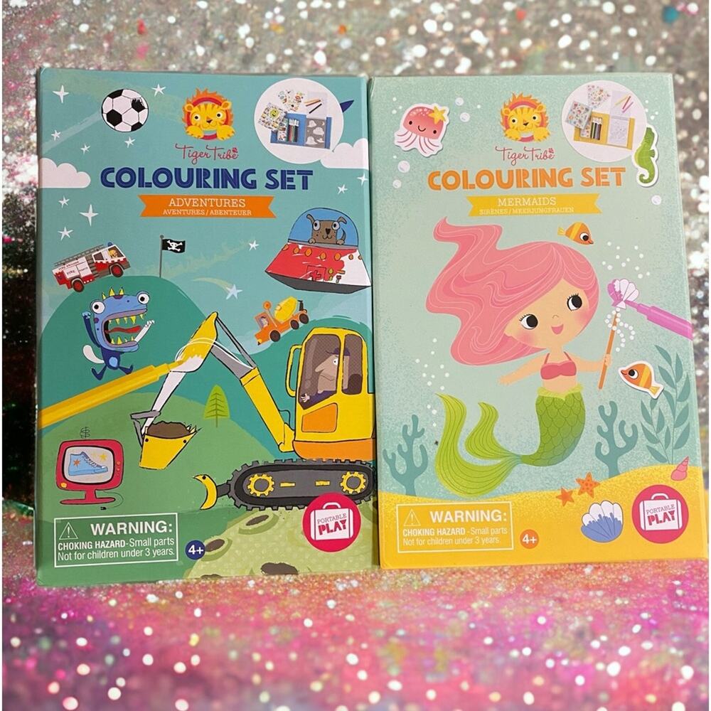 2pc lot Tiger Tribe Coloring Set Adventure & Mermaid Take Along Travel Art Kit